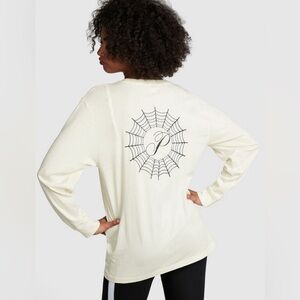 VS PINK LONG SLEEVE CAMPUS TEE SHIRT CREAM BLACK SPIDER WEBS HALLOWEEN HTF NWT L